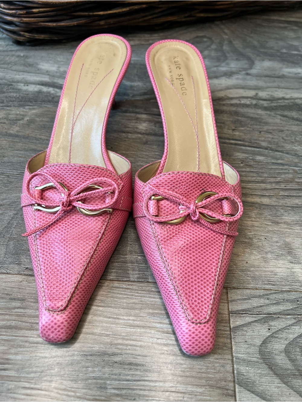 kate spade Pink Textured Pointed-Toe Slide Mules with Bow Detail